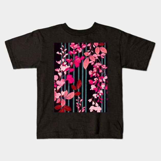 PINK FUCHSIA FLOWERS AND BLUE GREEN BLACK STRIPES Antique Japanese Floral Kids T-Shirt by BulganLumini